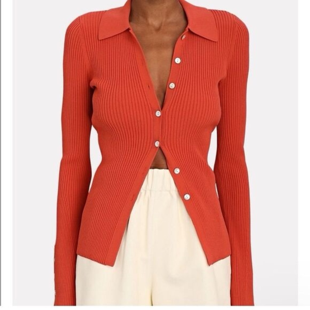Le Ore Bandier Rimini Ribbed Knit Collared Cardigan in Spice M